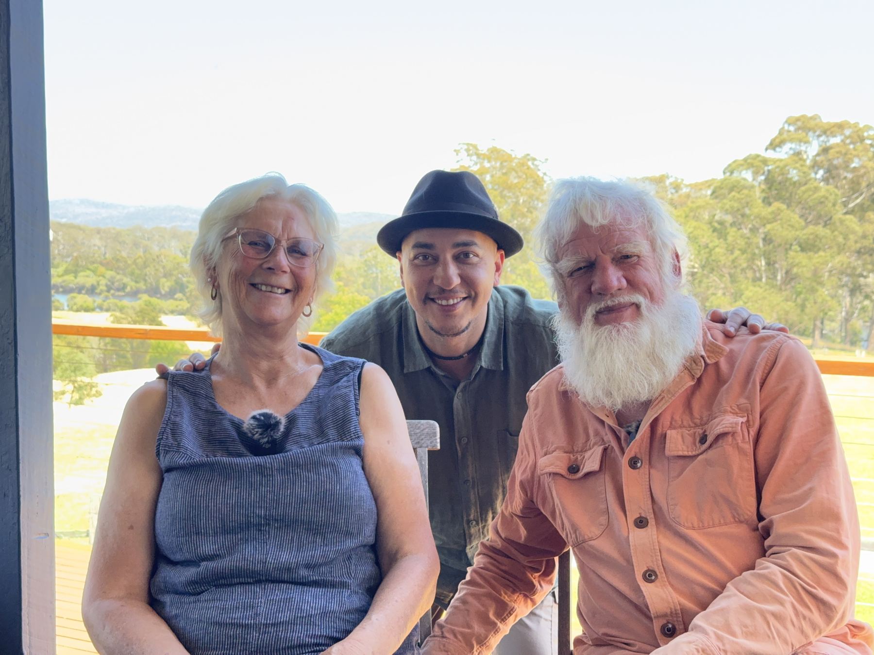 Lyn Harwood, Levi-Joel Tamou and Bruce Pascoe on the verandah at Yumburra