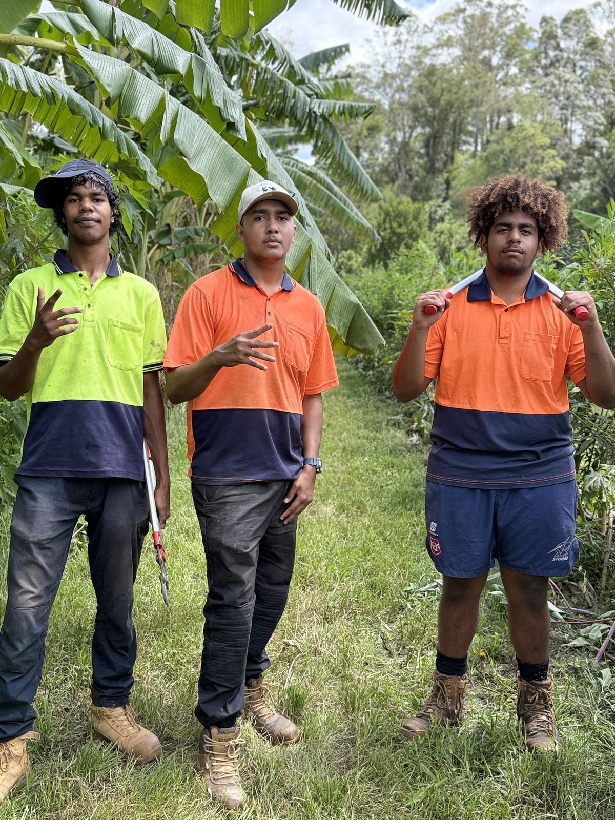 Three young men in hi-vis on a community farm among banana trees